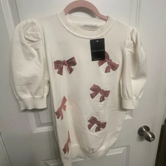 Impressions Cream Sweater with Mauve Sequin Bows - Picture 1 of 5
